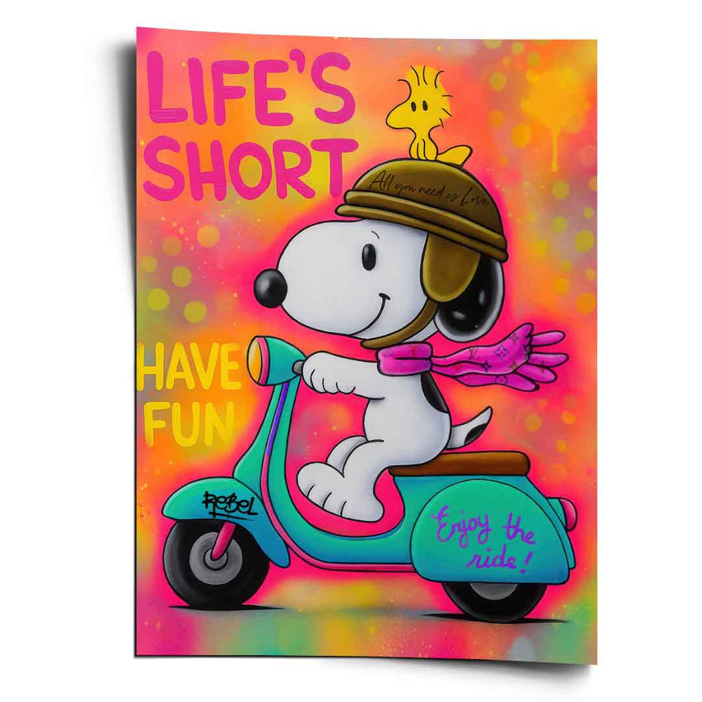 Snoopy riding a Vespa in bold pop art style wall art print