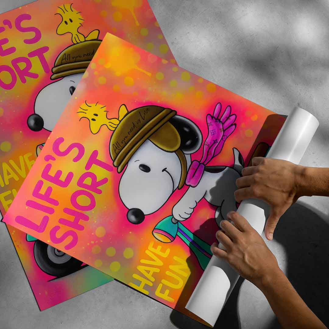 Colorful Snoopy cartoon Vespa mural print for living room