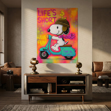 Comic-style Snoopy Vespa poster with bright colors