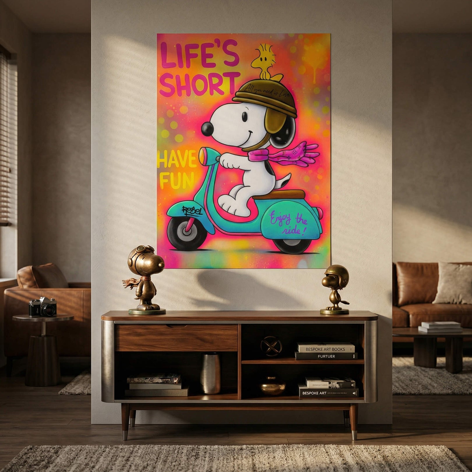 Comic-style Snoopy Vespa poster with bright colors