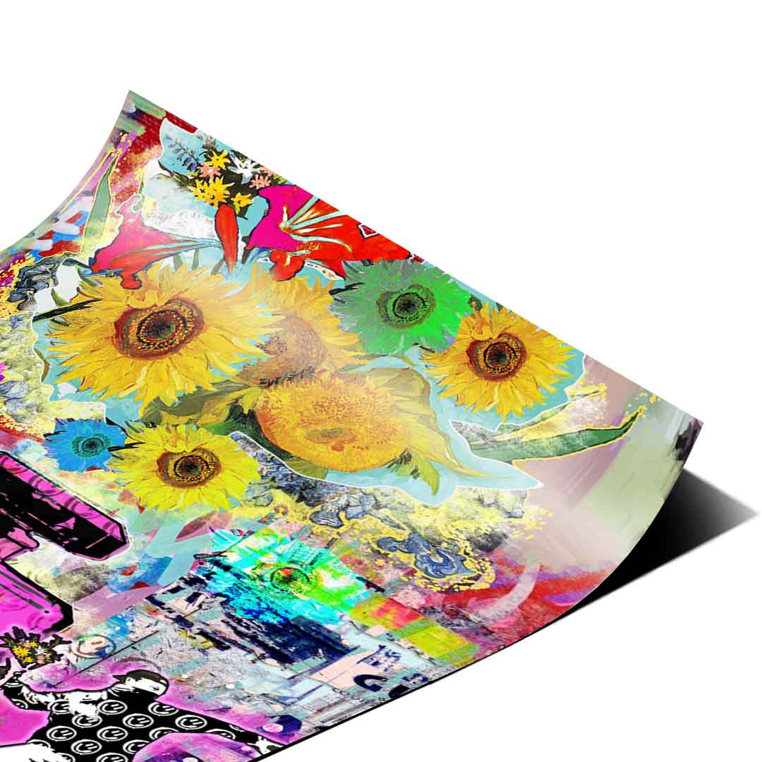Bright graffiti background with abstract splatters and saturated pinks, yellows, blues, and greens.