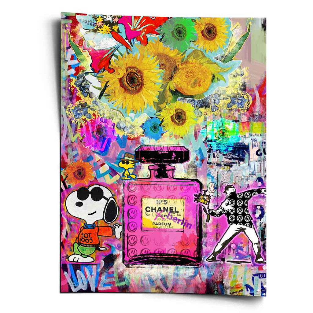 Pink Chanel No.5 bottle with Snoopy in Joe Cool sunglasses beside Woodstock in a vivid Pop Art collage.