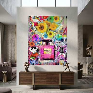 Banksy-inspired stencil figure holding a bouquet over a colorful graffiti background.