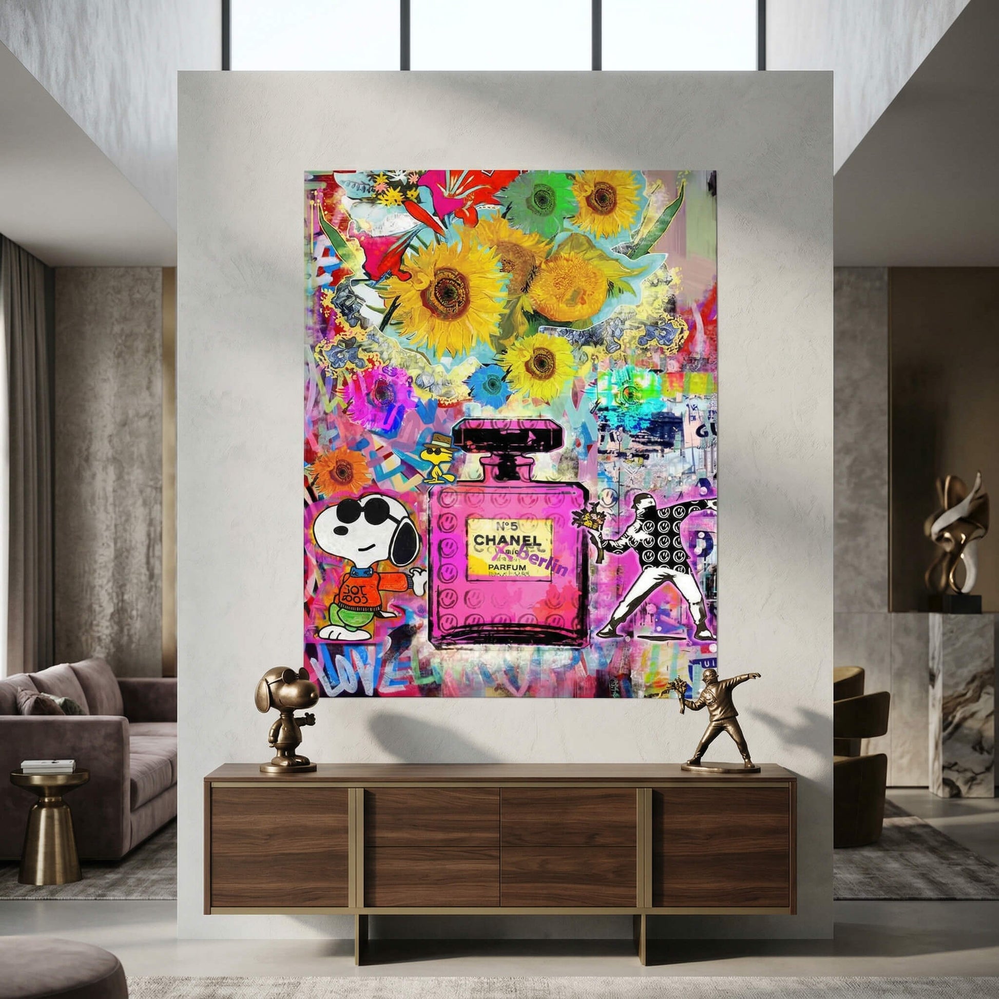 Banksy-inspired stencil figure holding a bouquet over a colorful graffiti background.