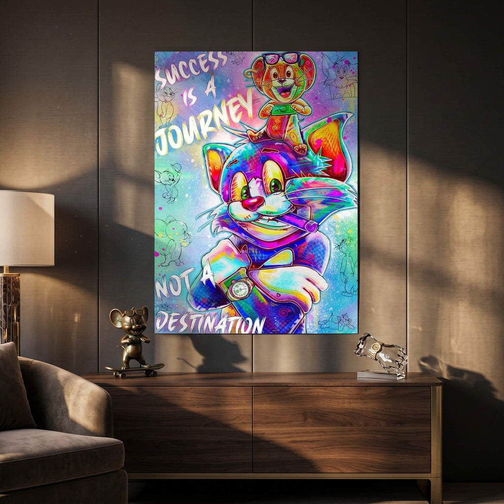 Jerry stands on Tom's head amid bright multicolor strokes