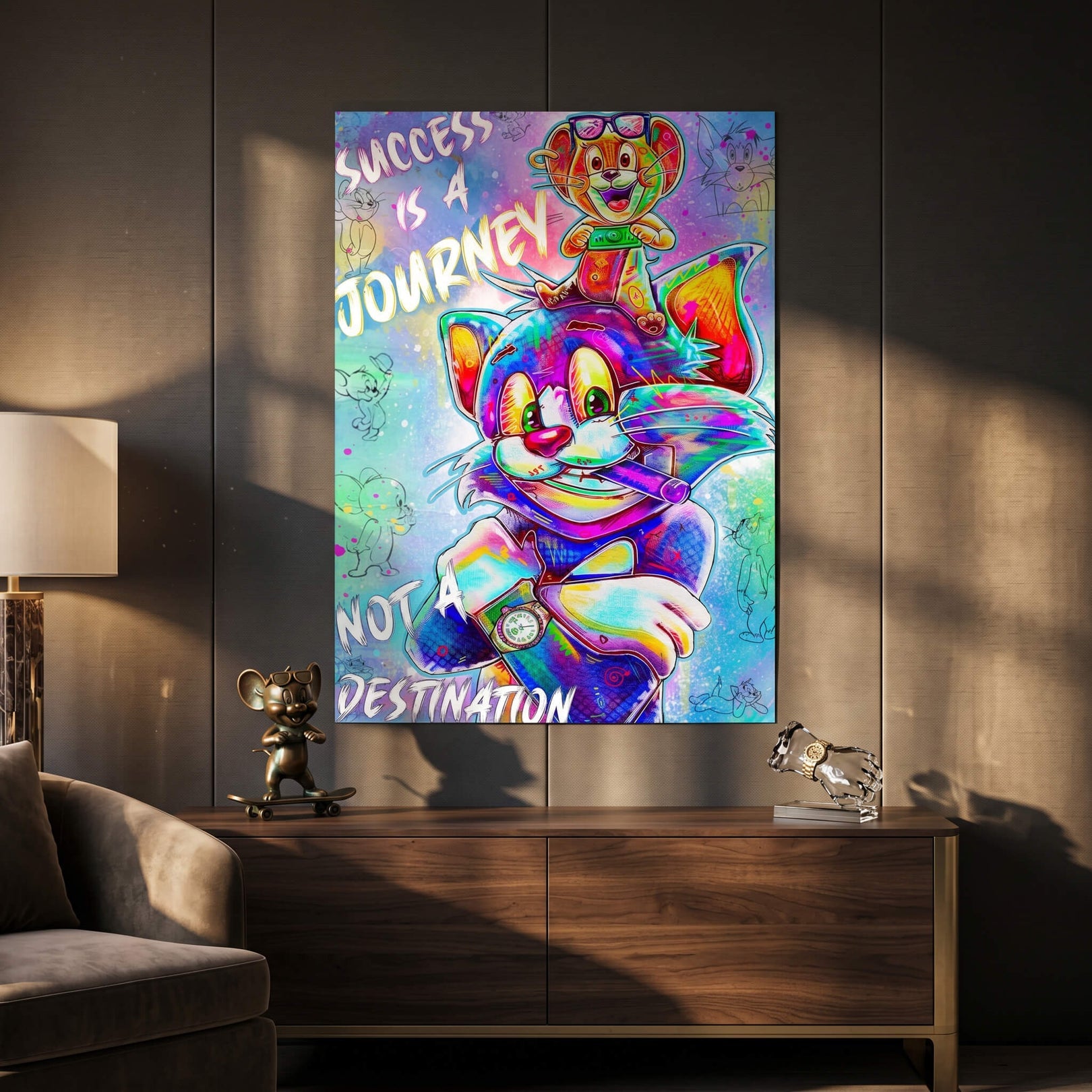 Jerry stands on Tom's head amid bright multicolor strokes