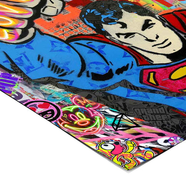 Bright color palette with blues, reds, yellows and neon accents and thick black outlines