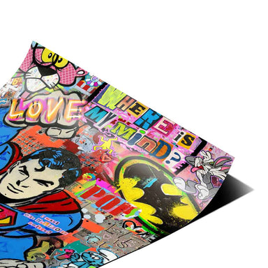 Close-up of Superman's suit with Gucci and Louis Vuitton-inspired patterns