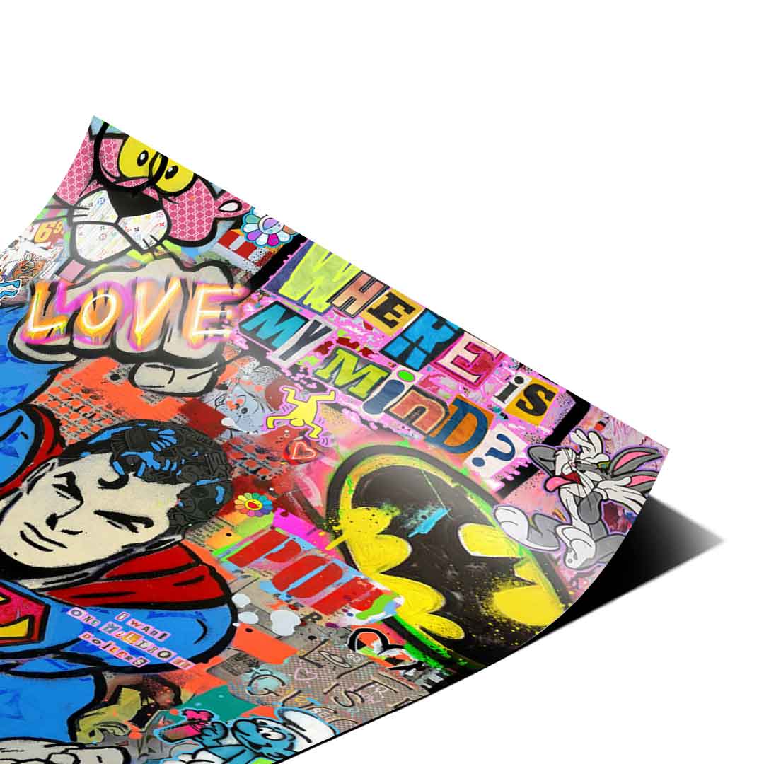 Close-up of Superman's suit with Gucci and Louis Vuitton-inspired patterns