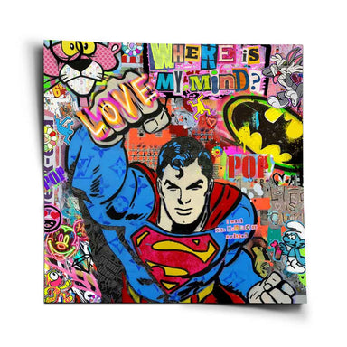 Superman in bold pop art style with 'LOVE' graffiti on his raised fist