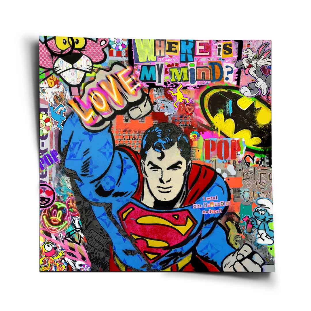 Superman in bold pop art style with 'LOVE' graffiti on his raised fist