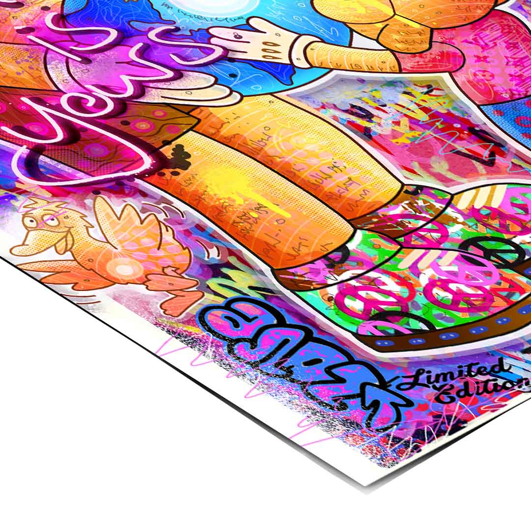 Animal characters and street art motifs blend with Pop Art influences for modern urban interiors.