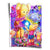 Portrait-oriented Pop Graffiti wall art with a Kaws-inspired figure passing a glowing Earth to a child, surrounded by elephants, a duck, and a mouse, in a vibrant multi-color palette.