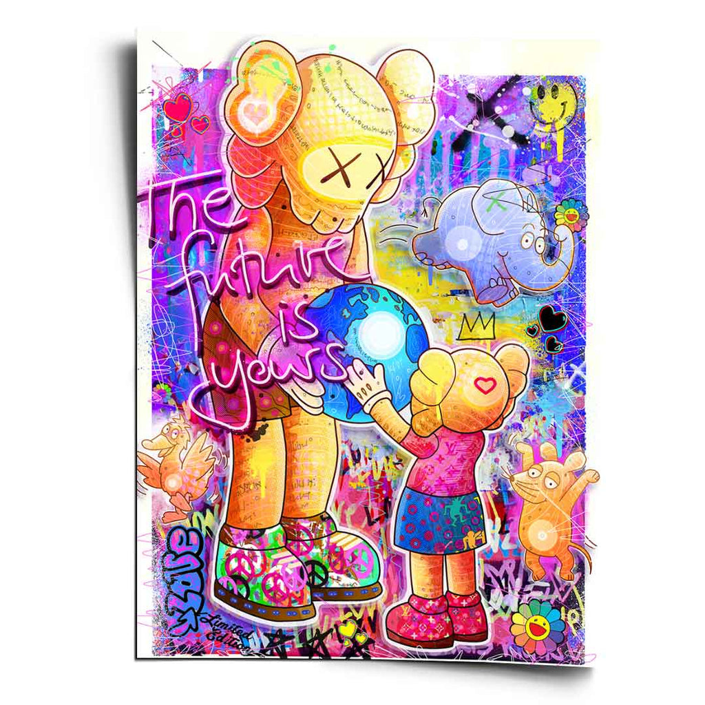 Portrait-oriented Pop Graffiti wall art with a Kaws-inspired figure passing a glowing Earth to a child, surrounded by elephants, a duck, and a mouse, in a vibrant multi-color palette.