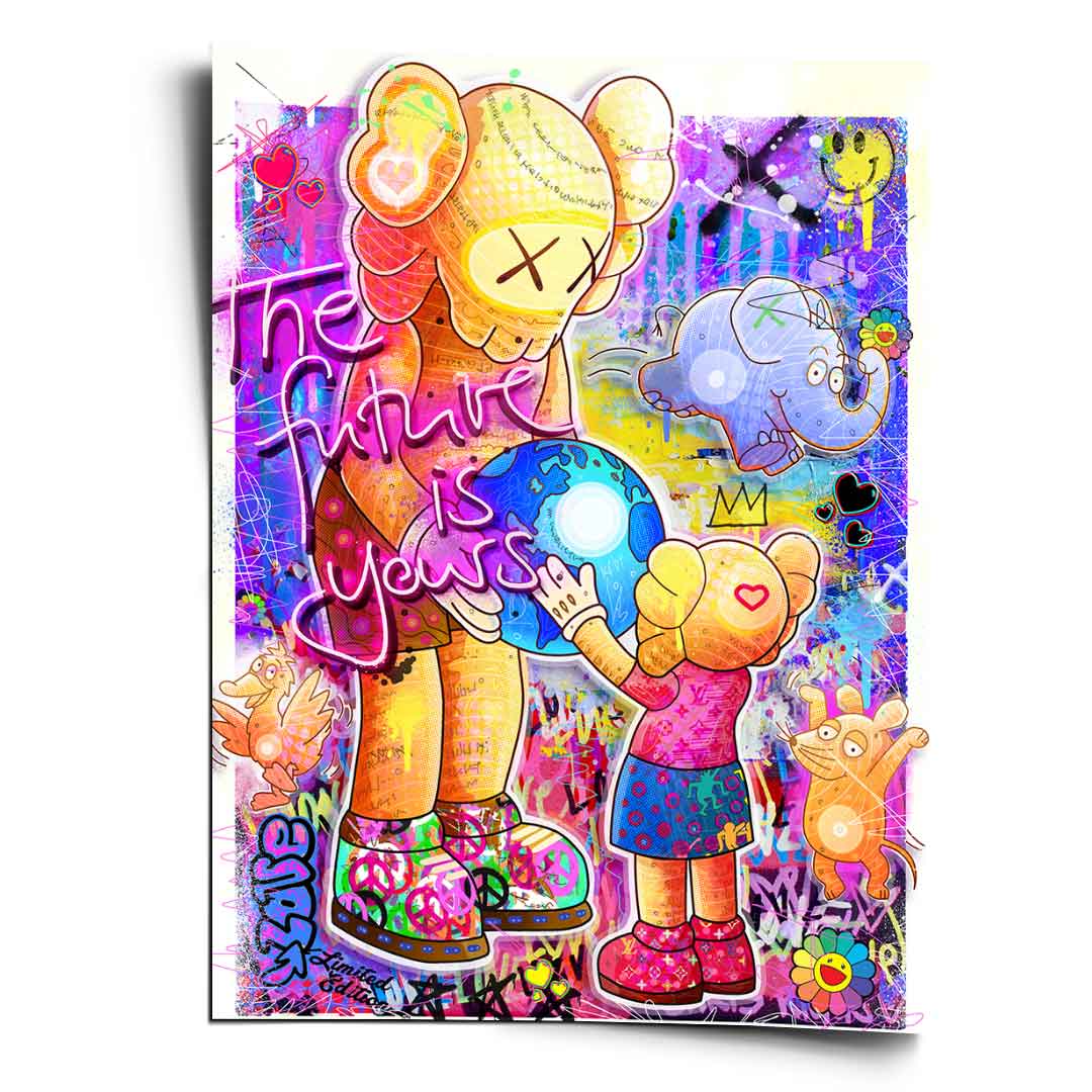 Portrait-oriented Pop Graffiti wall art with a Kaws-inspired figure passing a glowing Earth to a child, surrounded by elephants, a duck, and a mouse, in a vibrant multi-color palette.