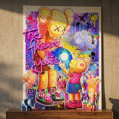 Close-up of bold purple, pink, blue, yellow, and orange hues with hearts and energetic street-art elements.