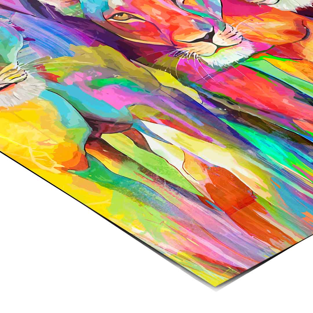 Modern pop art wall decor with electric blues, yellows, reds, and purples
