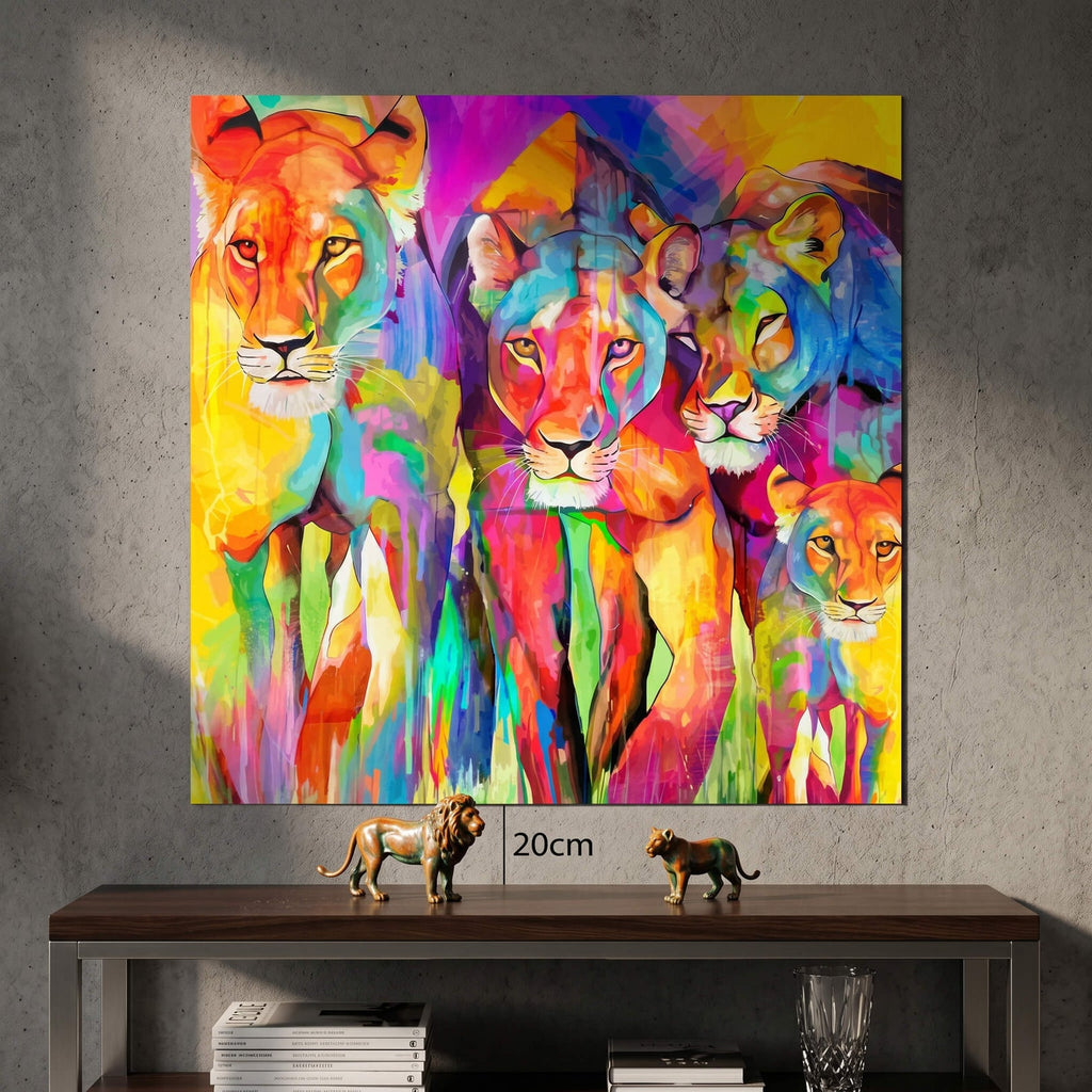 Colorful abstract animal wall art featuring a family group in pop graffiti style