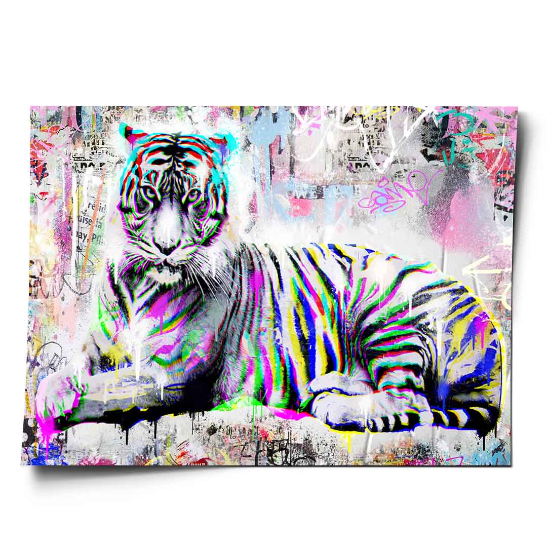 Tiger in bold pop art style with neon graffiti background