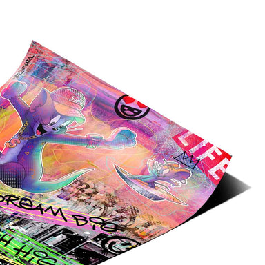 Vivid neon pinks purples oranges and greens in a street art inspired composition