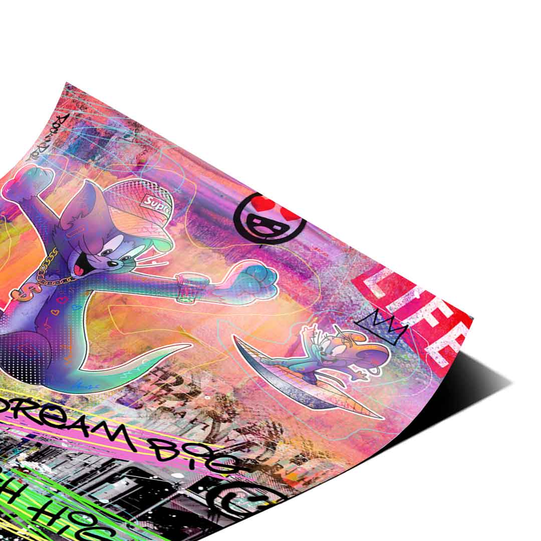 Vivid neon pinks purples oranges and greens in a street art inspired composition