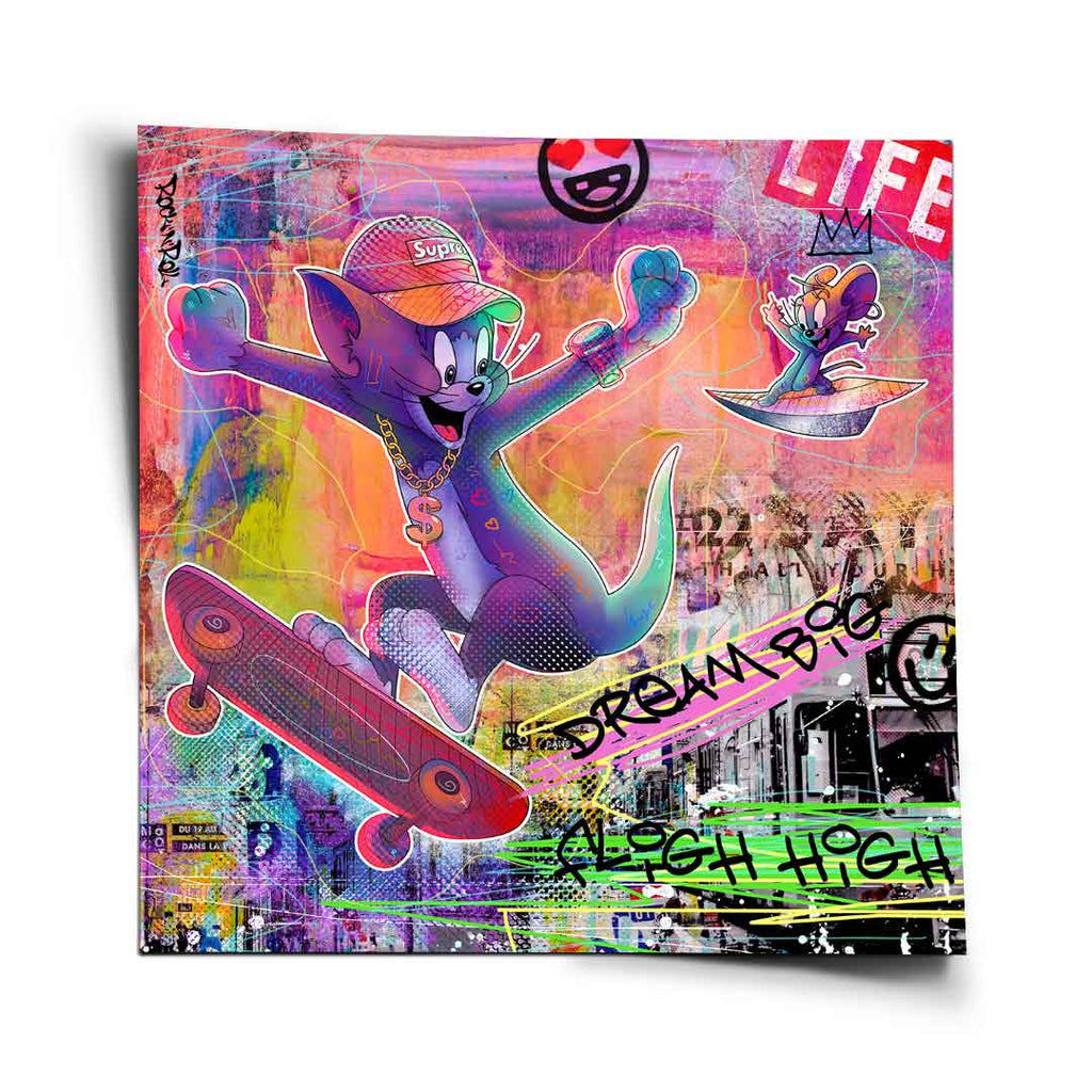 Tom & Jerry pop art wall print featuring Tom skateboarding in a hip-hop style wearing a Supra cap and gold chain
