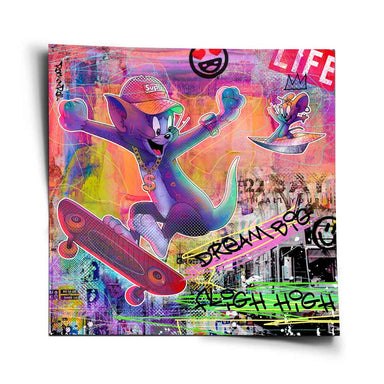 Tom & Jerry pop art wall print featuring Tom skateboarding in a hip-hop style wearing a Supra cap and gold chain