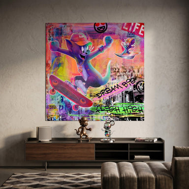 Jerry surfing beside Tom in a neon graffiti pop art background with bold colors and urban text LIFE and DREAM BIG