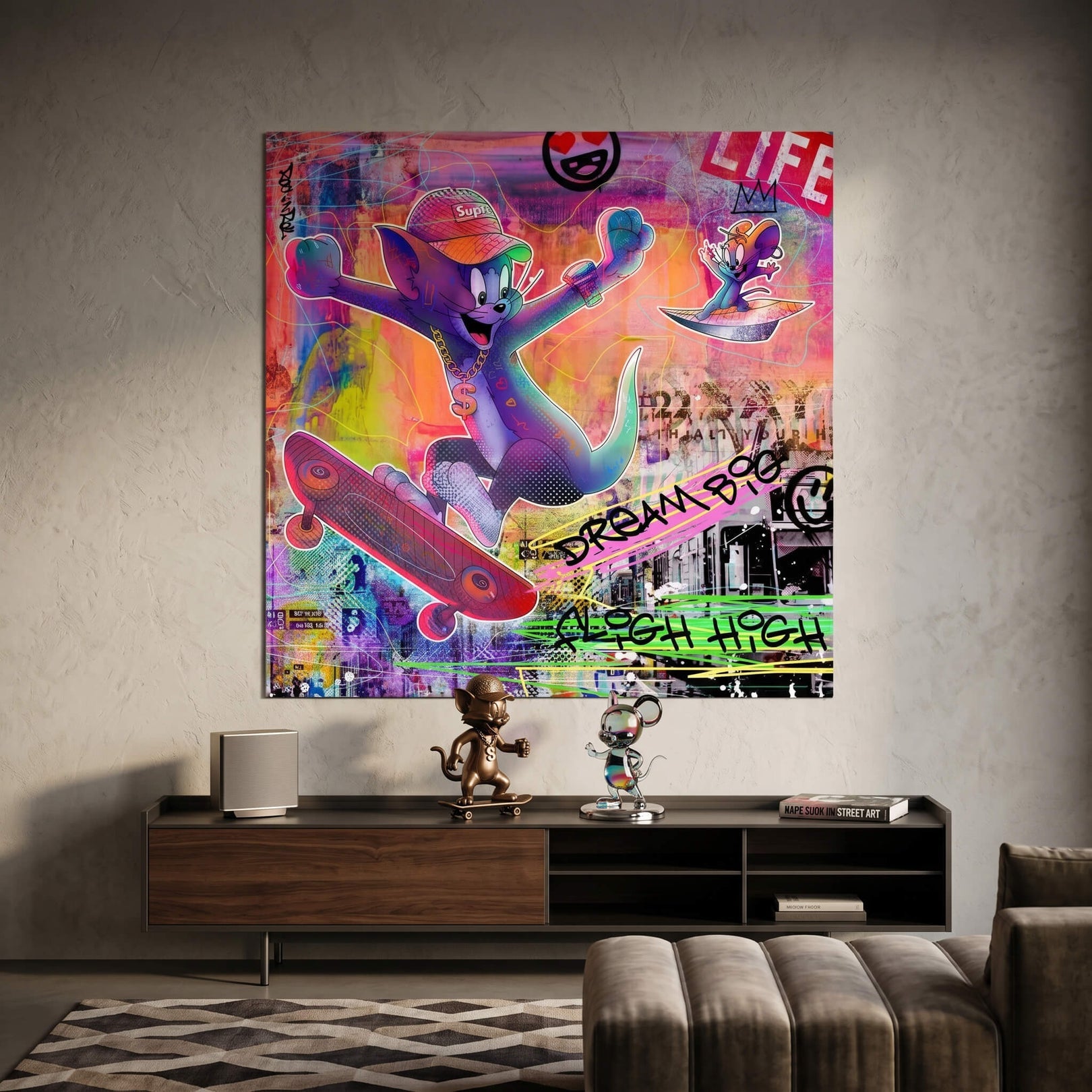 Jerry surfing beside Tom in a neon graffiti pop art background with bold colors and urban text LIFE and DREAM BIG