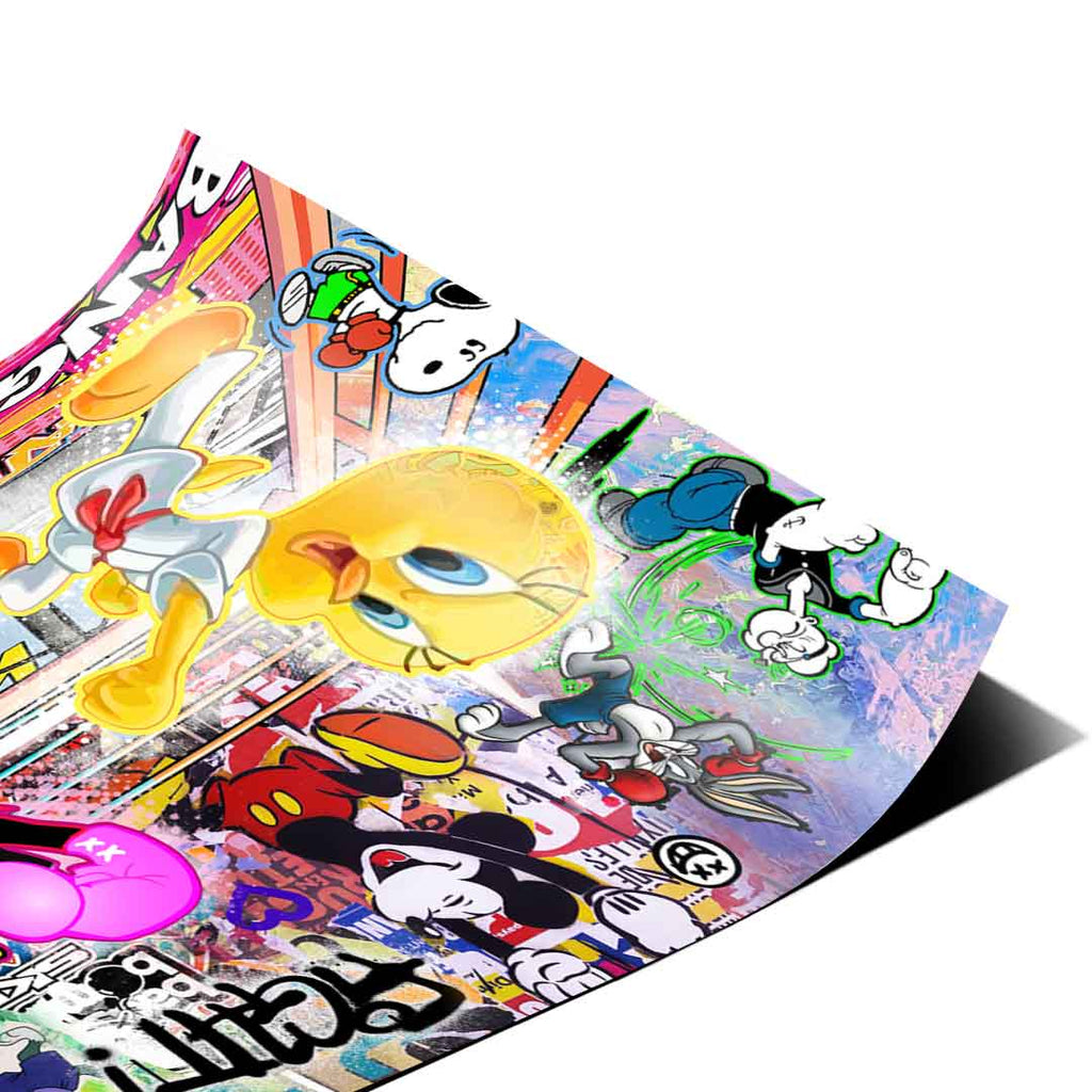 Bright, saturated colors and graffiti-style composition typical of pop art and pop graffiti