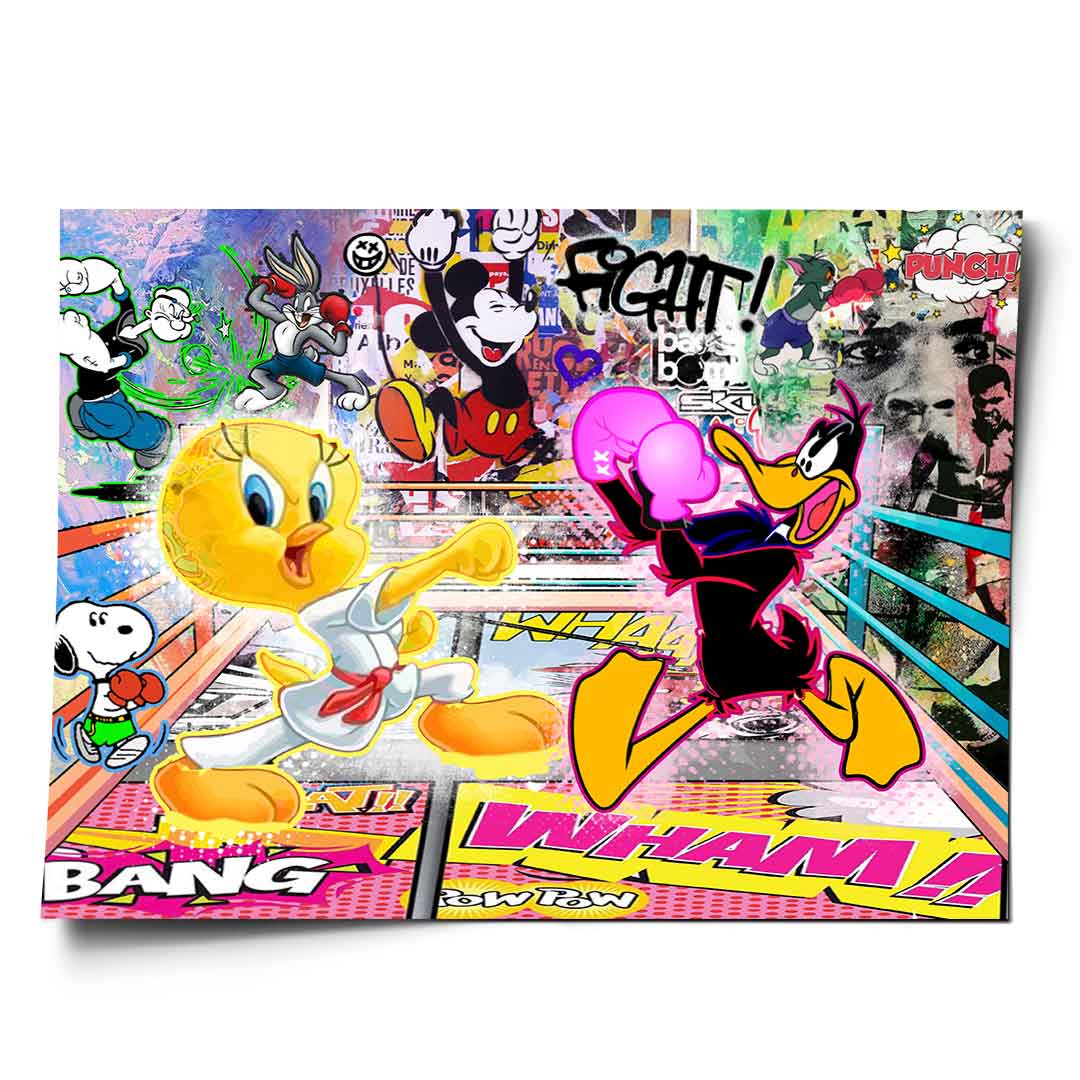 Vibrant Tweety Bird in a karate gi boxing Daffy Duck with pink gloves against a busy urban pop art background featuring BANG and WHAM