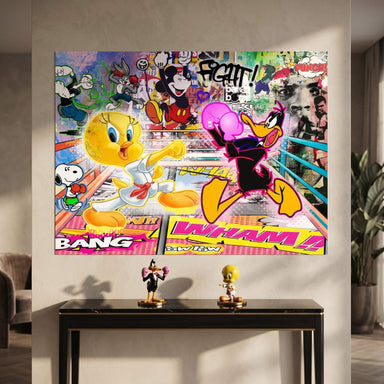 Background includes Bugs Bunny, Mickey Mouse, Popeye, and Snoopy cheering in a colorful cartoon collage