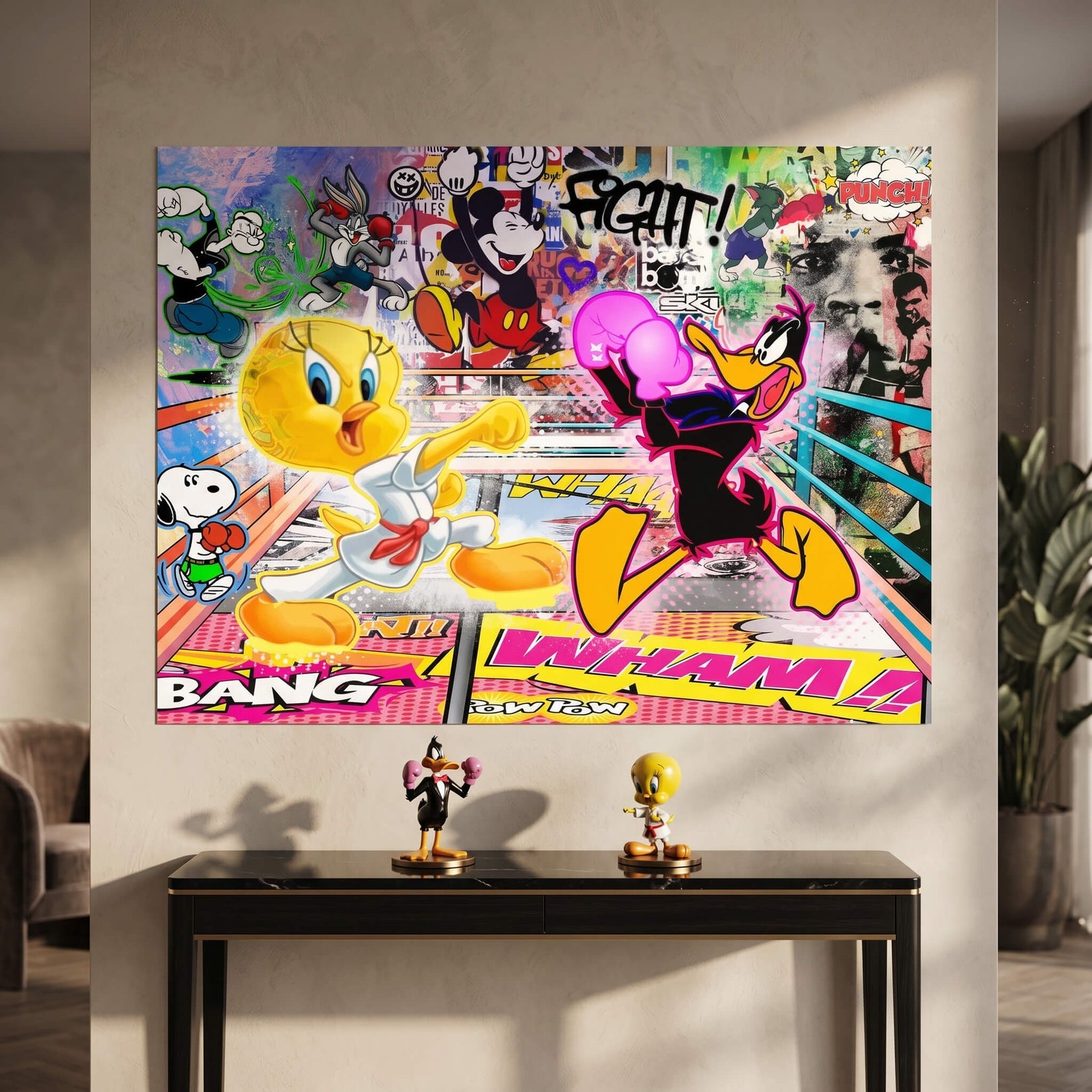 Background includes Bugs Bunny, Mickey Mouse, Popeye, and Snoopy cheering in a colorful cartoon collage