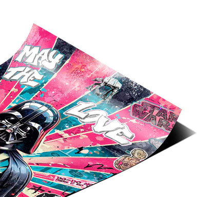 Darth Vader centered on pink and teal radiating stripes with street-art aesthetic