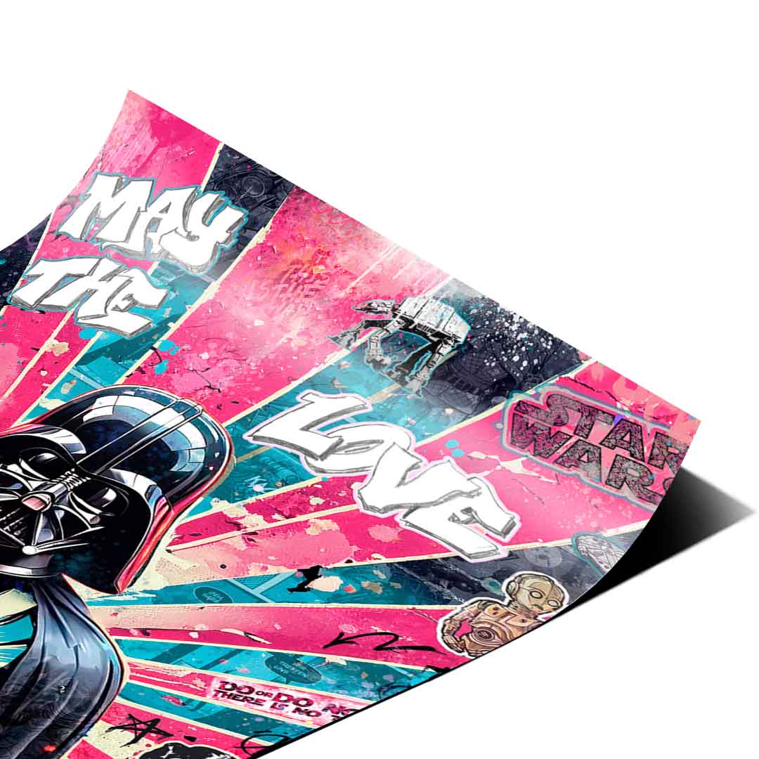 Darth Vader centered on pink and teal radiating stripes with street-art aesthetic
