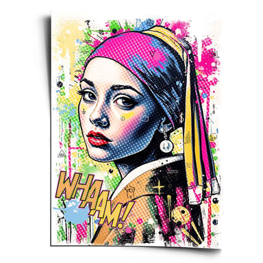 Vermeer-inspired pop art portrait of a woman with bold Ben-Day dots and WHAAM text against a graffiti-filled urban background