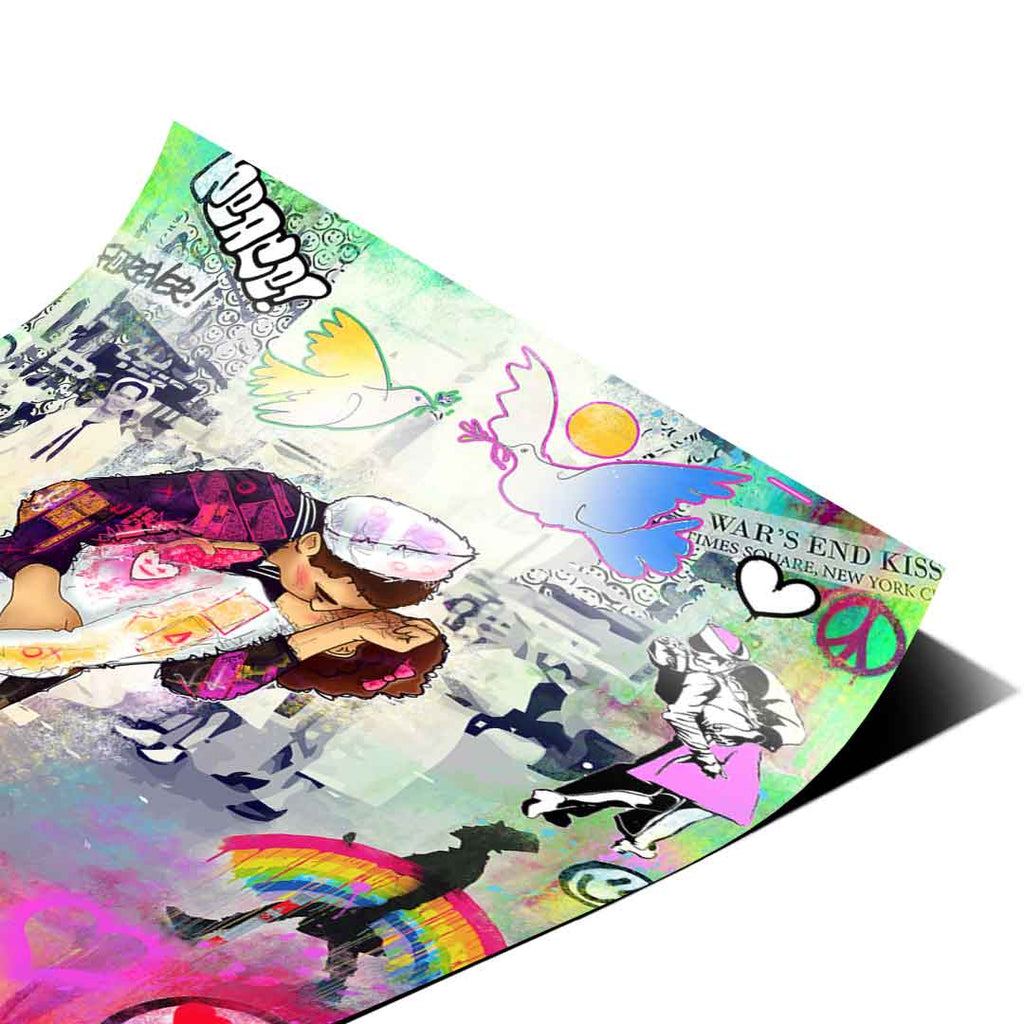 Colorful vintage-meets-urban poster with peace doves, hearts, and playful characters in a dynamic composition.