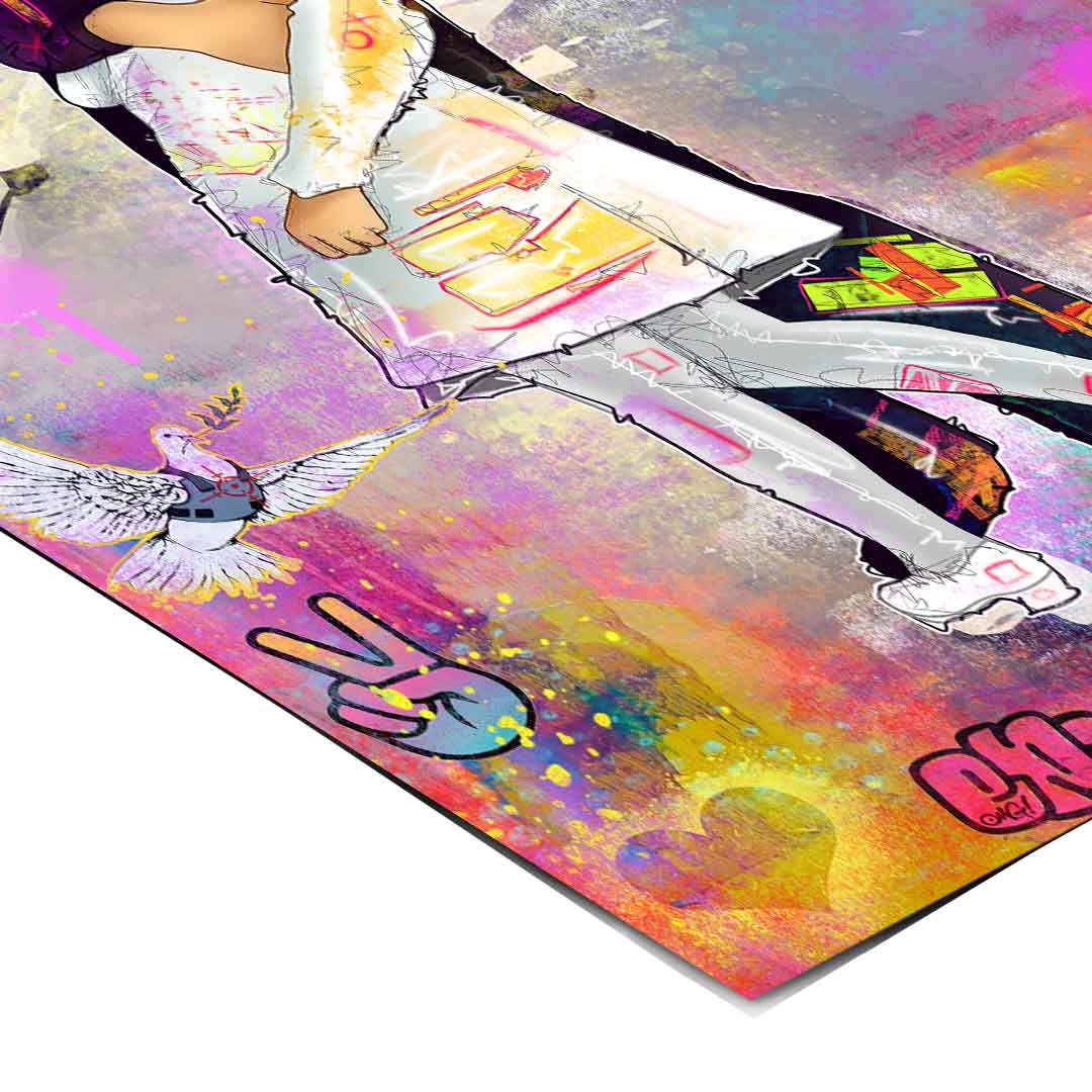 Urban pop art poster with bright magenta and purple tones, ideal for modern living rooms.