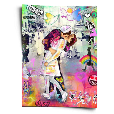 Portrait wall art in bold pop art style depicting the V-J Day kiss in Times Square with neon pinks and blues.