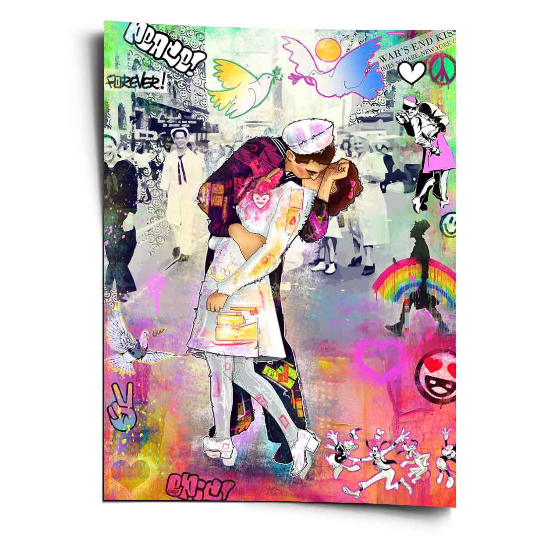 Portrait wall art in bold pop art style depicting the V-J Day kiss in Times Square with neon pinks and blues.