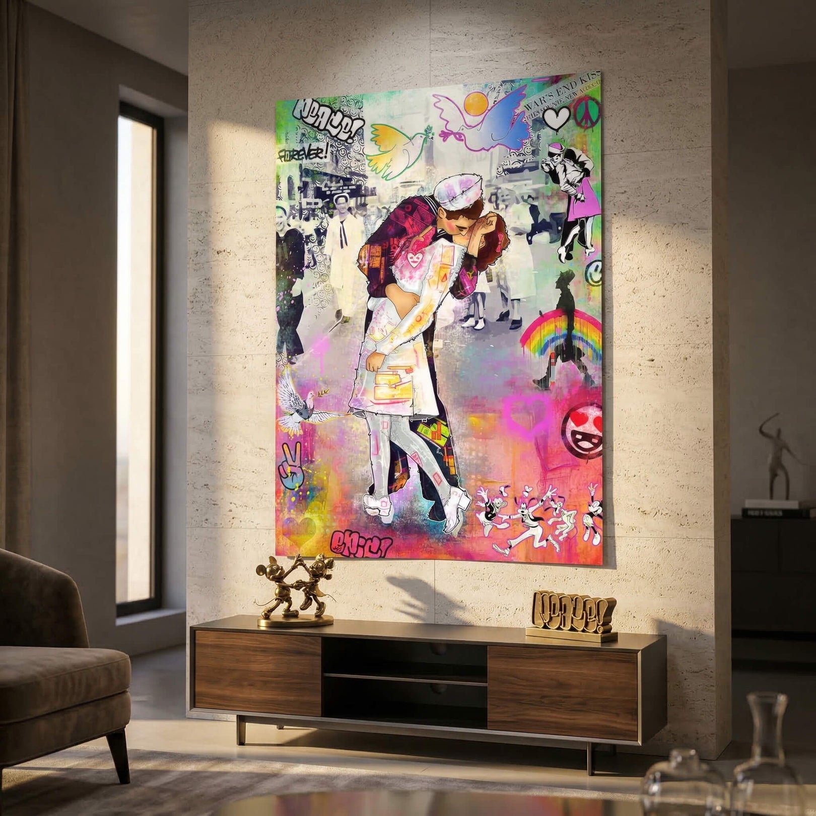 Sailor and nurse illustrated with thick outlines amid a graffiti-filled urban crowd and colorful symbols.