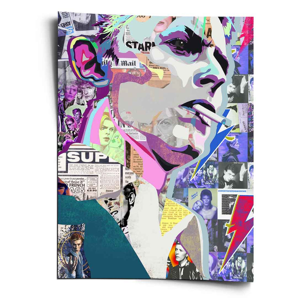 Bold pop art poster featuring a stylized portrait of David Bowie as The Thin White Duke in blue, purple, and pink tones.