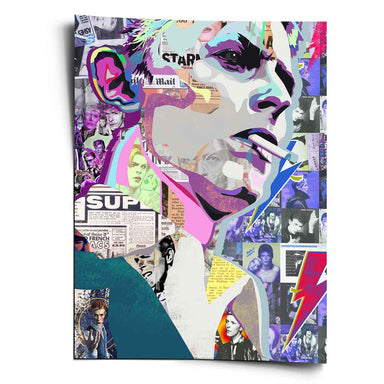 Bold pop art poster featuring a stylized portrait of David Bowie as The Thin White Duke in blue, purple, and pink tones.