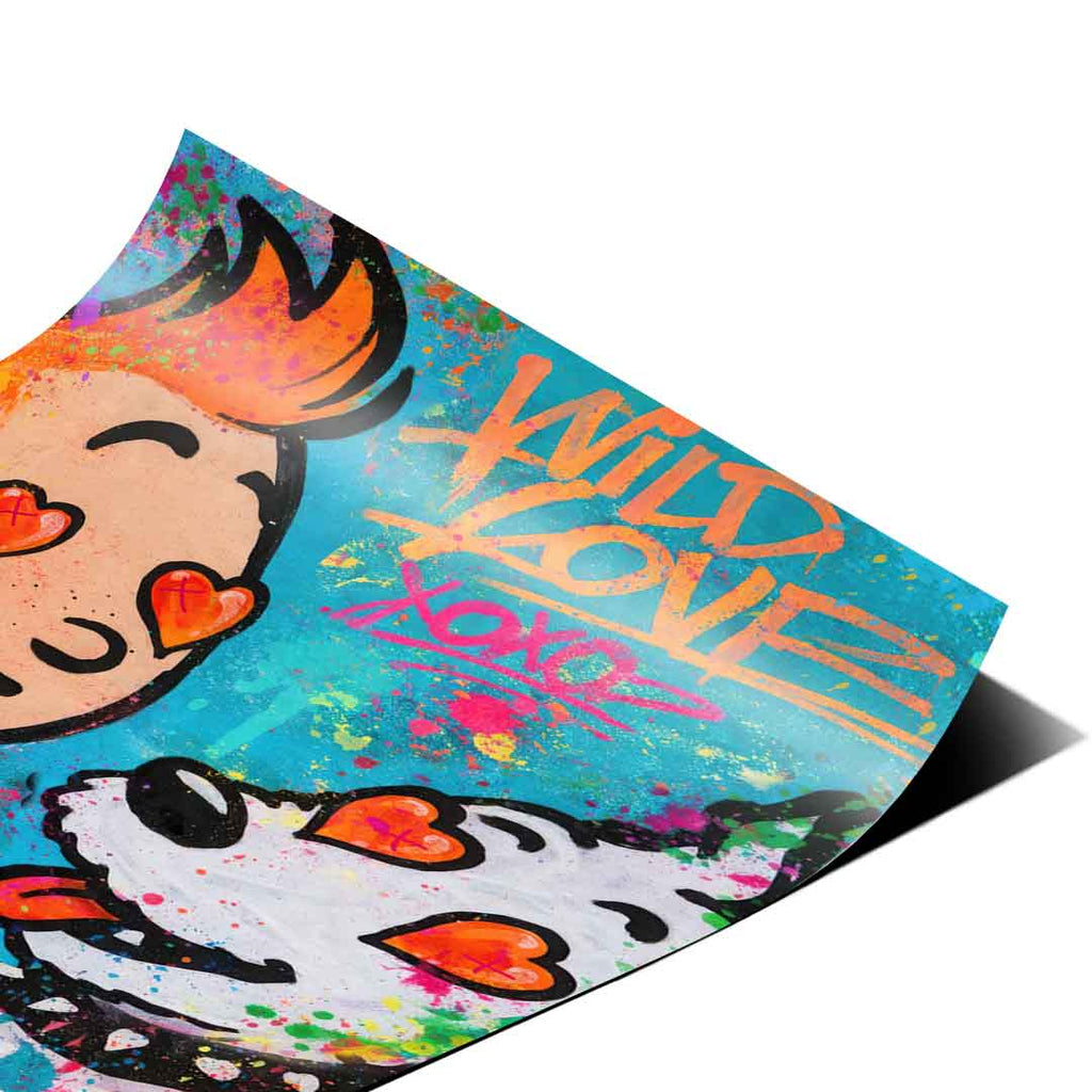 Bright splashes of pink, orange, yellow, and blue on a turquoise backdrop creating a lively composition.
