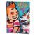Joyful boy with spiky orange hair and a white dog with heart-shaped eyes in a vibrant pop art wall print on turquoise background.