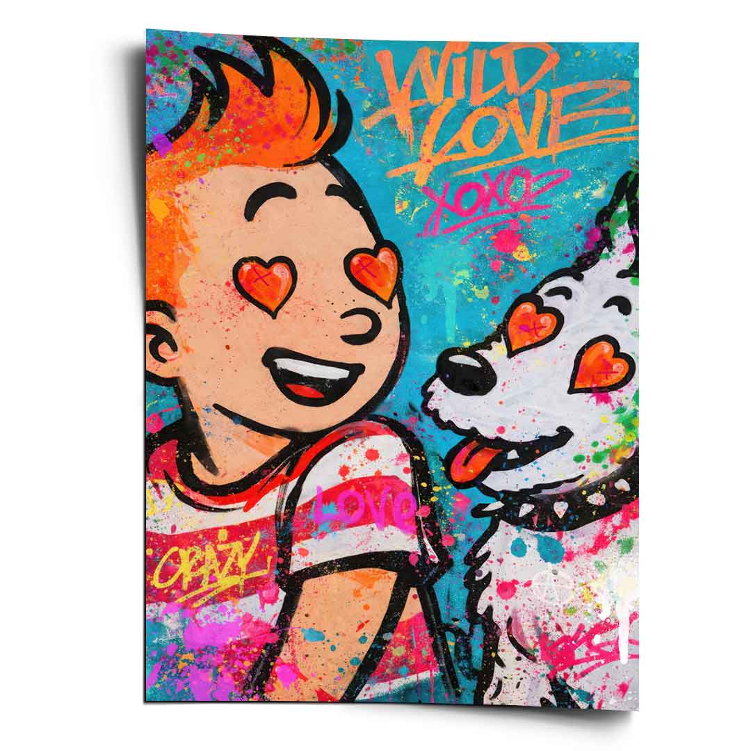 Joyful boy with spiky orange hair and a white dog with heart-shaped eyes in a vibrant pop art wall print on turquoise background.