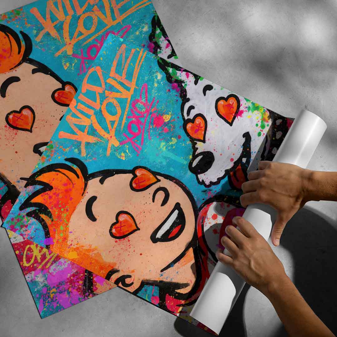 Animal art theme featuring affectionate duo in a street-art-inspired poster.
