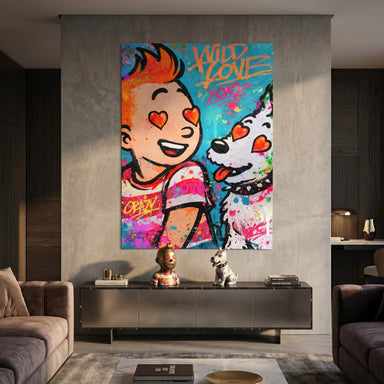 Bold black comic outlines with the WILD LOVE text and graffiti splatters in a colorful urban art style.