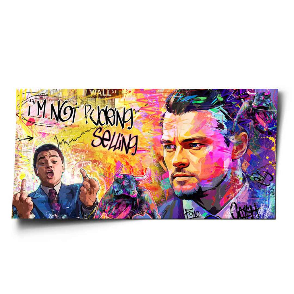 Pop art poster featuring two bold portraits of a Wall Street figure and a charging bull in electric blue, pink, and orange graffiti style