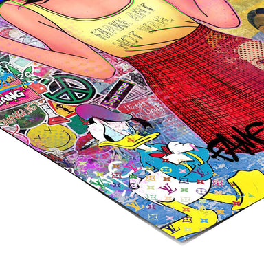 Energetic, layered street-art style with bold pinks, blues, greens, yellows, and reds.